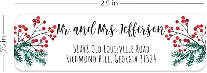 Clear Pine and Holly Rolled Address Labels / 500 Personalized Return Address Labels/Designer Address Stickers in Elegant Plastic Dispenser