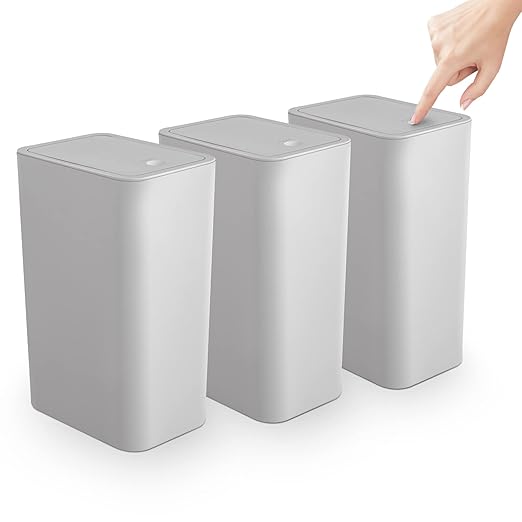 TrashAid 3 Pack Bathroom Trash Can with Lid, 2.6 Gallon / 10 Liter Small Garbage Can with Press Top Lid, Plastic Wastebasket with Pop-up Lids for Toilet, Office, Bedroom, Living Room, Grey