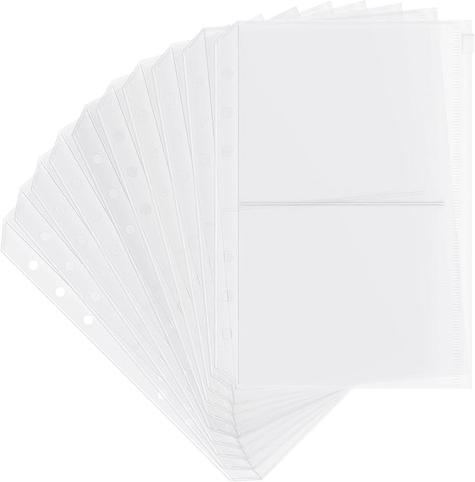 10 Pack Zippered Binder Pocket Sleeves for 6 Ring A5 Binder - Frosted Divided Pouch Photo Card Jewelry Storage Binder Insert Refills 2 Pocket Cash Saving Sheets Protector Loose Leaf Bags