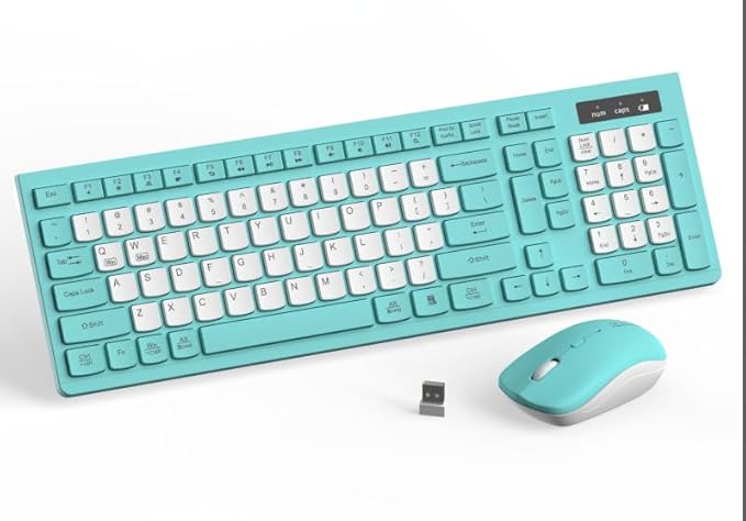 Wireless Keyboard and Mouse Combo, Full-Sized Wireless Keyboard and Adjustable DPI Mouse, 2.4GHz USB Receiver, Keyboard and Mouse for PC, Windows, Desktop, Laptop (Tiffany Blue and White-B)
