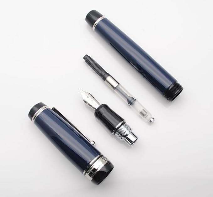 Metal Big Fountain Pen Set Medium Nib 0.7mm, Includes Ink Refill Converter, 5 Ink Cartridges & Gift Box (Medium Nib 0.7mm, Dark Blue with Silvery Clip)