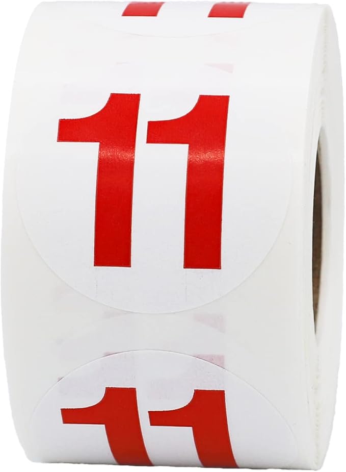 Red Number 11 Circle Stickers, 1.5 Inches Round, 500 Labels on a Roll for Inventory, Organization, Classrooms, Storage Bins, and Retail Use, Made in The USA