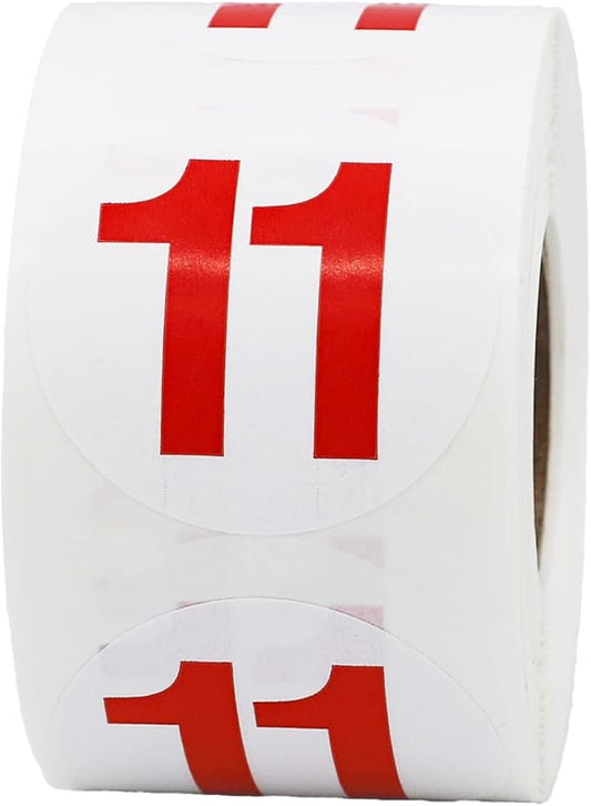 Red Number 11 Circle Stickers, 1.5 Inches Round, 500 Labels on a Roll for Inventory, Organization, Classrooms, Storage Bins, and Retail Use, Made in The USA