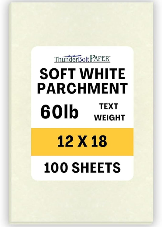 100 Soft White Parchment 60# Text (=24# Bond) Paper Sheets - 12 X 18 Inches Poster | Large Size Size - 60 Pound is Not Card Weight - Vintage Colored Old Parchment Semblance