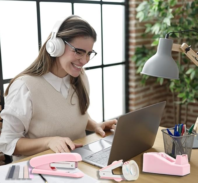 Pink Office Supplies Set, Stapler and Tape Dispenser for Women - Office Desk Accessories Gift for Women, Boss Lady, Coworkers