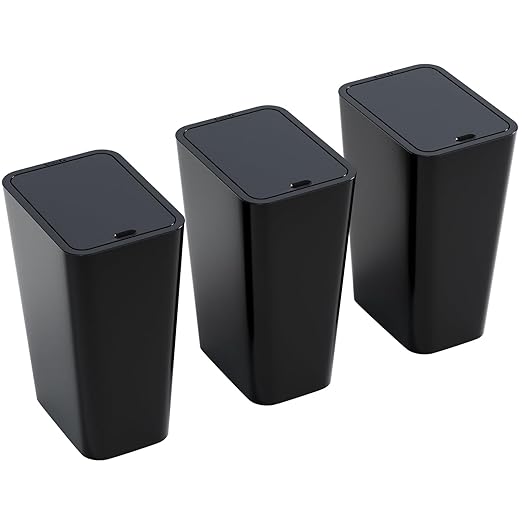 Yieach 12L Black Slim Bathroom Trash Can with Lid,3.17 Gallon Pet/Dog Proof Kitchen Trash Can,Rectangle Thin Garbage Can,Covered Waste Basket,Narrow Small Plastic Trashcan for Room,Bedroom,Office,3PCS