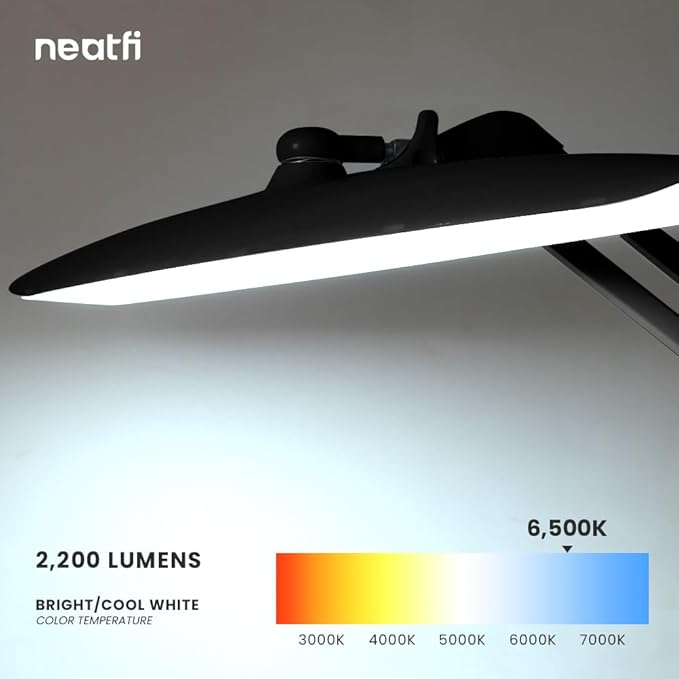 Neatfi XL 2,200 Lumens LED Task Lamp, 24W, 117 Pcs SMD LED, 4 Level Brightness, Dimmable, Desk Light for Home, Office, Workbench (Non-CCT with Base, Black)