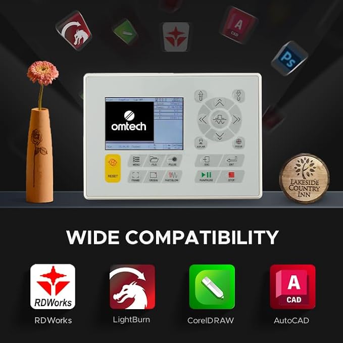 OMTech 90W CO2 Laser Engraver with LightBurn & Water Chiller, 20"x28" Laser Engraving Cutting Machine with 4 Way Pass Through Air Assist Caster Wheel, Commercial Laser Cutter for Wood Glass Acrylic