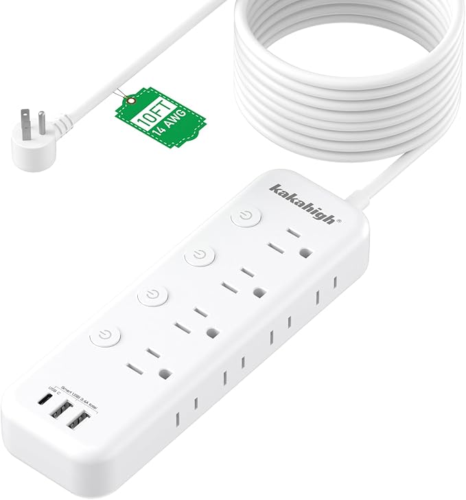 10FT Heavy Duty Extension Cord with Individual Switches on Off, 1875W Appliance Extension Cord with USB Ports, 8 outlets, High Wattage for Microwave, Aquarium, Kitchen, Garage Must Have