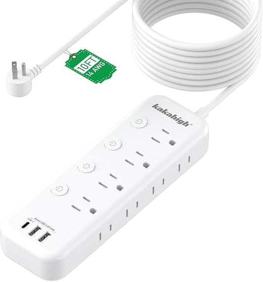 10FT Heavy Duty Extension Cord with Individual Switches on Off, 1875W Appliance Extension Cord with USB Ports, 8 outlets, High Wattage for Microwave, Aquarium, Kitchen, Garage Must Have