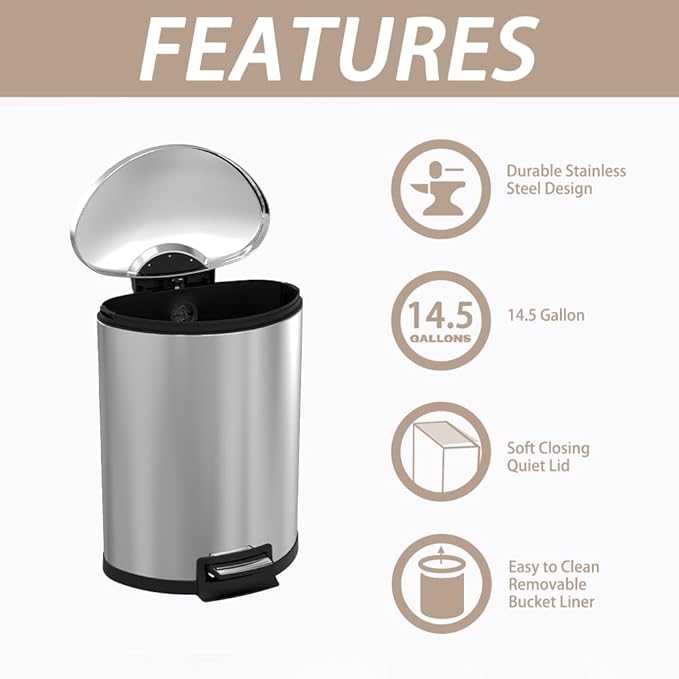 Kitchen Trash Can with Lid, 55 Liter/14.5 Gallon Semi Round Large Step Garbage Can, Soft Close Satin Stainless Steel Trash Bin for Bathroom Office