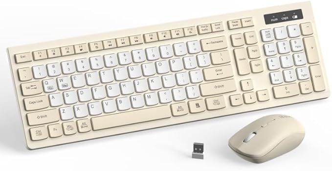 RECCAZR Wireless Keyboard and Mouse Combo, Full-Sized Keyboard and Adjustable DPI Mouse, Wireless Keyboard and Mouse (Latte Color-B)