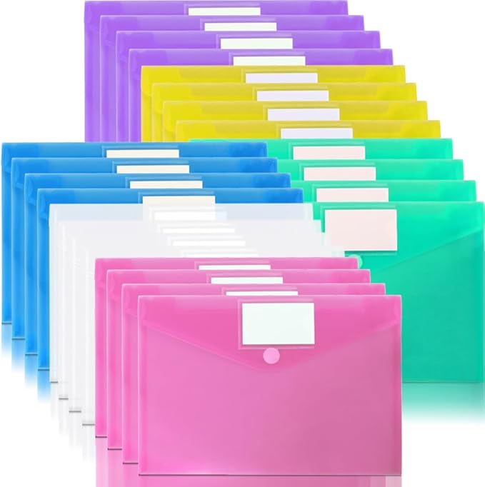 24 Pack Plastic Poly Filing Envelopes, Clear Document Folders US Letter A4 Size File Envelopes with Label Pocket & Paste Button for School Home Work Office Organization, 6 Assorted Color