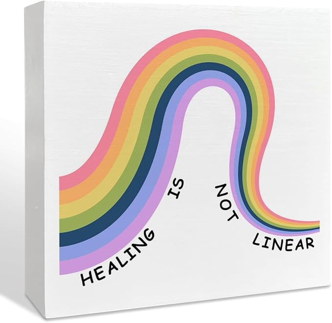 Therapy Office Desk Wooden Box Sign Decor, Mental Health Wood Box Sign Decorations for School Psychologist Therapy Office, Gifts for Therapist Psychologist School Counselor, Healing Is Not Linear