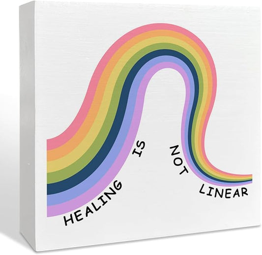Therapy Office Desk Wooden Box Sign Decor, Mental Health Wood Box Sign Decorations for School Psychologist Therapy Office, Gifts for Therapist Psychologist School Counselor, Healing Is Not Linear