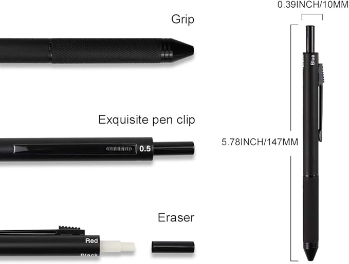 smttw 4 in1 Multi-Function Refillable & Retractable Ballpoint Pen + 0.5mm Mechanical Pencil, Fine Point, Black Metal Barrel, Black/Red/Blue Inks, Multicolor Pen With Metal Gift Box