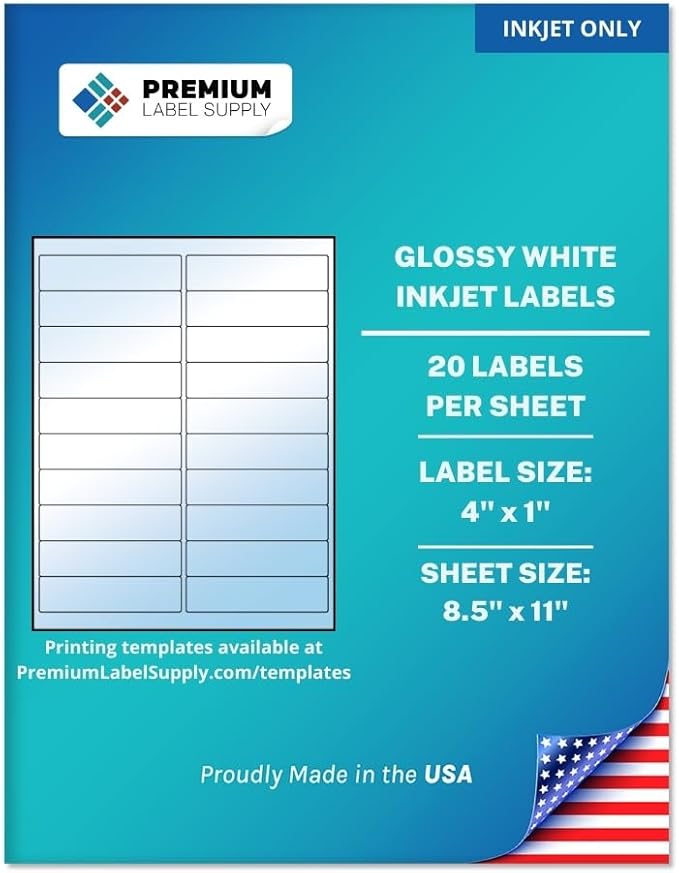 Premium Label Supply Glossy White Address Sticker Labels – 4" x 1" – (20 per Sheet) (Glossy White for Inkjet Only, 200 Labels)