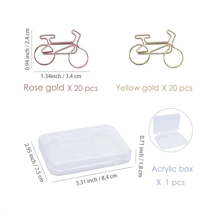 OWLFAVO 40pcs Bicycle Shape Paper Clips with Clear Box, Rose Gold and Yellow Gold, Funny Cute Paperclips Bookmarks Planner Clips for Fun Office Supplies School Gifts Wedding Decoration