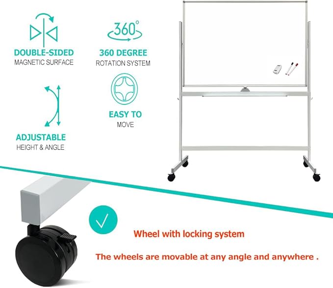BIBOC Large White Board 32x48 Inches - Mobile Rolling White Board on Wheels, Double-Sided Height Adjustable Dry Erase Whiteboard Wheel with Stand for Office, School, Home-BNK3248WH