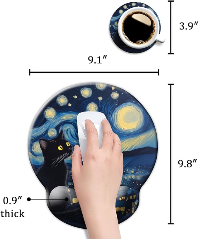Ergonomic Mouse Pad with Wrist Support,Mouse Pad with Wrist Rest and Coaster Set,Office Supplies Non-Slip Mouse Pads for Desk, Non-Slip Comfortable,Cute Black Cat