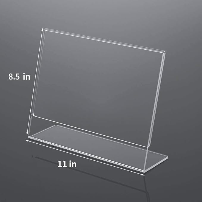 NIUBEE Acrylic Sign Holder 8.5x11 Inches 12 Pack Horizontal, Slant Back Clear Frames, Plastic Paper Flyer Display Holder, Document Menu Table Stand for Office, Store, Restaurant -Landscape