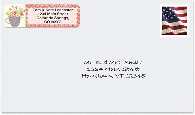 Teacups Rolled Personalized Return Address Mailing Labels with Dispenser, Set of 500, 5 Designs, Small ¾ x 2½ Inch Size, Custom Self-Adhesive Sticker Roll, by Colorful Images