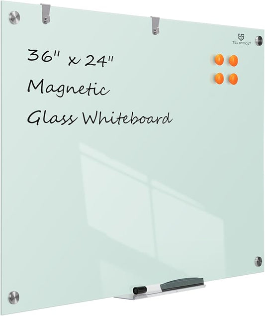 TSJ OFFICE Glass Dry-Erase Board - 36 x 24 Inches Wall Mounted Whiteboard with Magnetism, Large Frameless Glass White Board for Office, Home & School