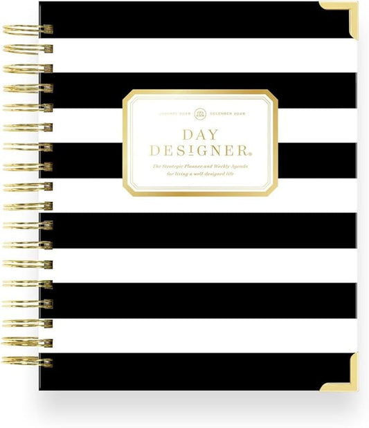 Day Designer 2026 Weekly Planner – Premium Planner for Stylish Organization. Combines Weekly & Monthly Calendars, Daily Schedule, Notes Pages, Goal Setting, Stickers, Pocket & More. Elegant Laminated Cover with Gold Accents (Black Stripe Design - 2026)