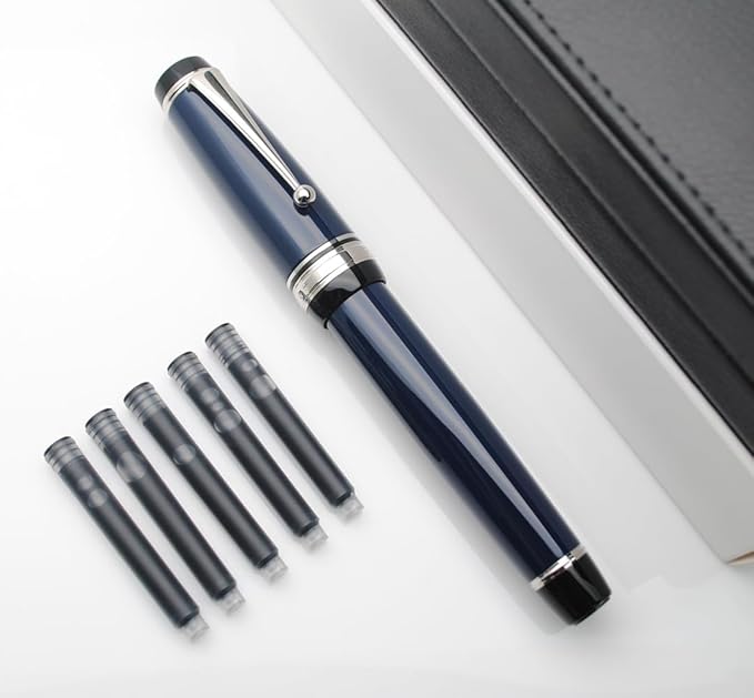 Metal Big Fountain Pen Set Medium Nib 0.7mm, Includes Ink Refill Converter, 5 Ink Cartridges & Gift Box (Medium Nib 0.7mm, Dark Blue with Silvery Clip)
