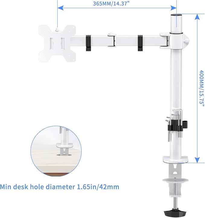 Suptek Single Monitor Arm Desk Mount Fully Adjustable Monitor Stand for 1 / One Screen up to 13" to 32" Extra Tall 15.75 inch Pole,VESA 75x75mm or 100x100mm,White (MD9421W)