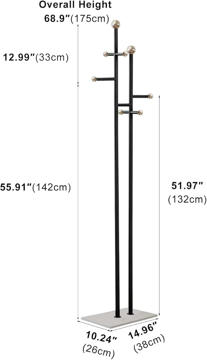 Coat Rack Freestanding with Marble Base Sturdy Coat Tree Heavy Duty Clothes Rack for Entryway Bedroom Living Room Hotel 14.96 x 10.24 x 68.9 Inches (Black)