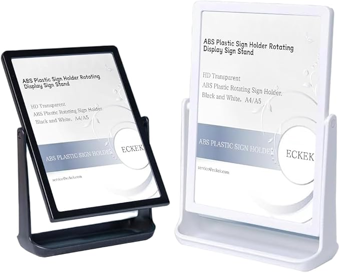 ABS Plastic Sign Holder, Menu Displays T Shape Sign Stand, Rotating Display Stand for Ads, Menu, Photos, Business Card (White A5 148×210mm/ 5.83×8.27 inches)