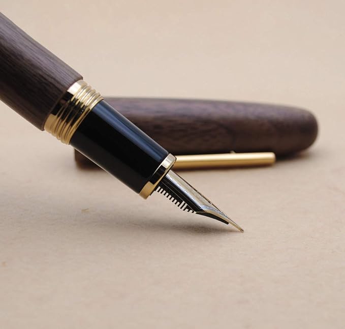 JINHAO 9056 Natural Wood Fountain Pen Handmade Ink Pen (Peach Wood, Fine Nib 0.5mm)