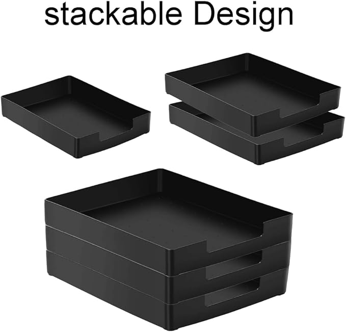 Letter-Size Tray, Desk Drawer Organizer, A4 Plastic Paper Tray, Stackable Plastic Paper Holder File Organizer for Office, School, Home Storage (Black)
