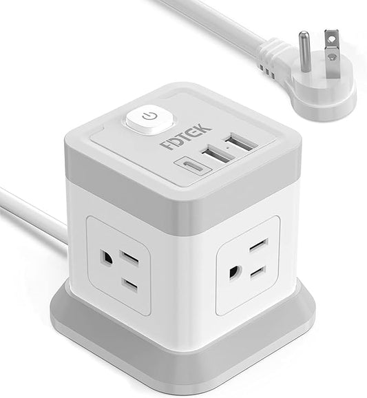 Power Strip with USB C, FDTEK Desktop Power Cube Strip, 10 FT Extension Cord with 4 Outlets and 3 USB, Compact Power Strips Tower for Travel Home Office Cruise Ship - White