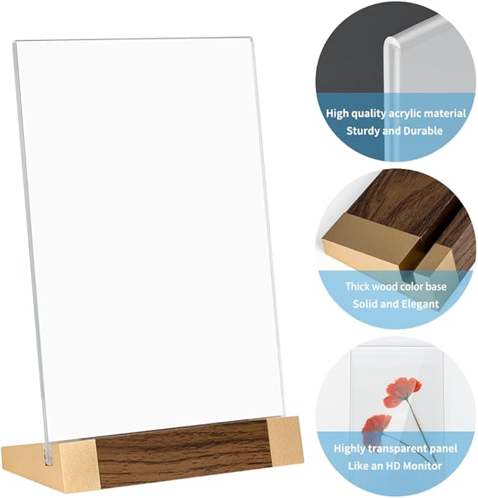 Acrylic Sign Holder 5"x7" Tabletop Display Clear Sign Board with Wood-Color Base, Vertical for Store/Coffee Shop/Restaurant Menu Hotel/Office Display Holder, 2 Pack