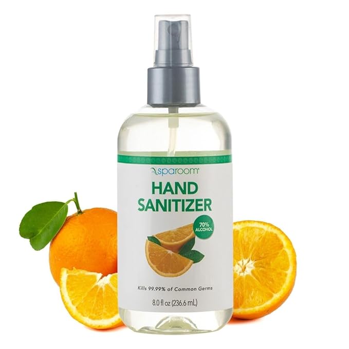 SpaRoom Hand Sanitizer Spray Orange – 70% Alcohol Formula with Aloe and Essential Oils, Travel Size Citrus Blend for On-the-Go Hygiene and Skin Moisture – 8oz Leak-Proof Bottle