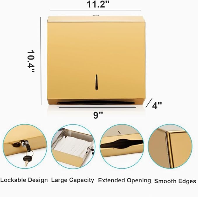 Comercial Paper Towel Dispenser Wall Mount, Brushed Gold Stainless Steel Hand Towel Dispenser with Lock, Large Capacity Trifold/C Fold Paper Towel Holder for Bathroom Kitchen Office Public Places