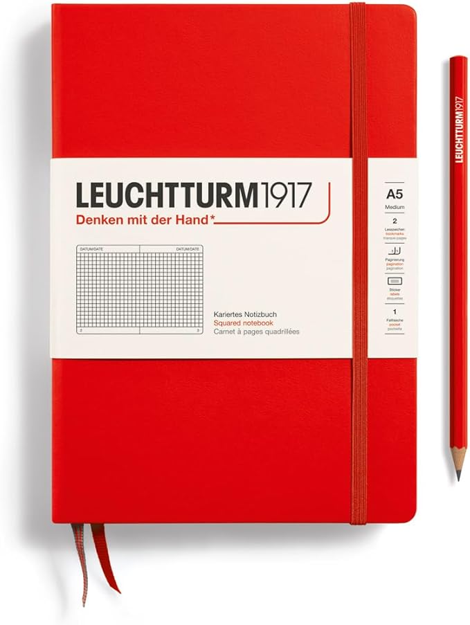LEUCHTTURM1917 - Notebook Hardcover Medium A5-251 Numbered Pages for Writing and Journaling (Red, Squared)