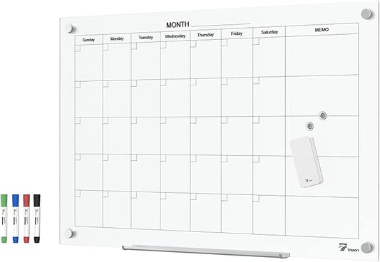 TOWON Tempered Glass Calendar Dry Erase Board for Wall, 3' x 2' Magnetic Whiteboard Calendar Planner for Office, Home, School Supplies, White, 36 x 24 Inches