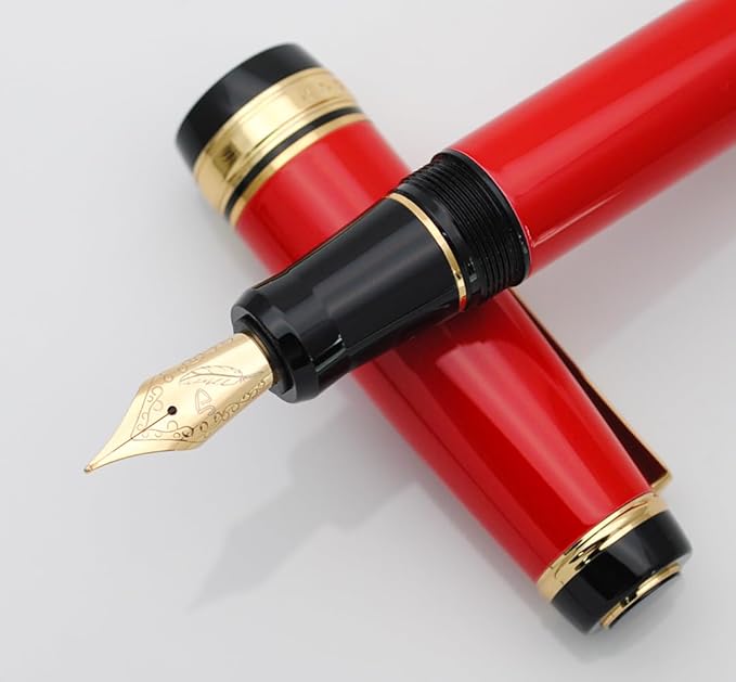 Metal Big Fountain Pen Set Medium Nib 0.7mm, Includes Ink Refill Converter, 5 Ink Cartridges & Gift Box (Medium Nib 0.7mm, Red)