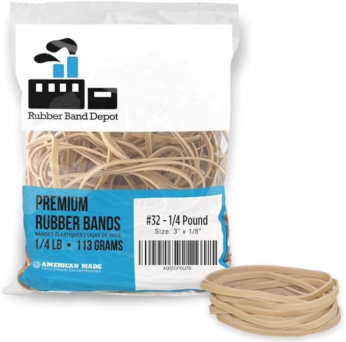 Rubber Band Depot, Size #32, Everyday Rubber Bands - Rubber Band Measurements: 3" x 1/8'' - Approximately 185 Rubber Bands Per Bag - 1/4 Pound Bag