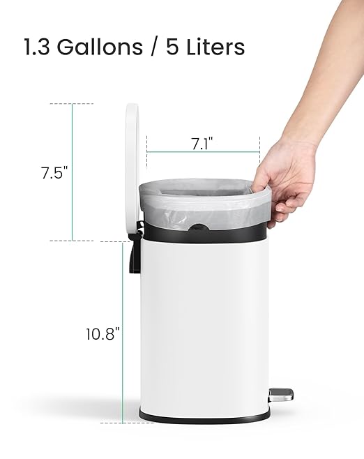 Cesun Bathroom Trash Can with Lid, 1.3 Gallon Small White Garbage Can with Foot Pedal, Metal Round Wastebasket for Bathroom, Bedroom, Office, White