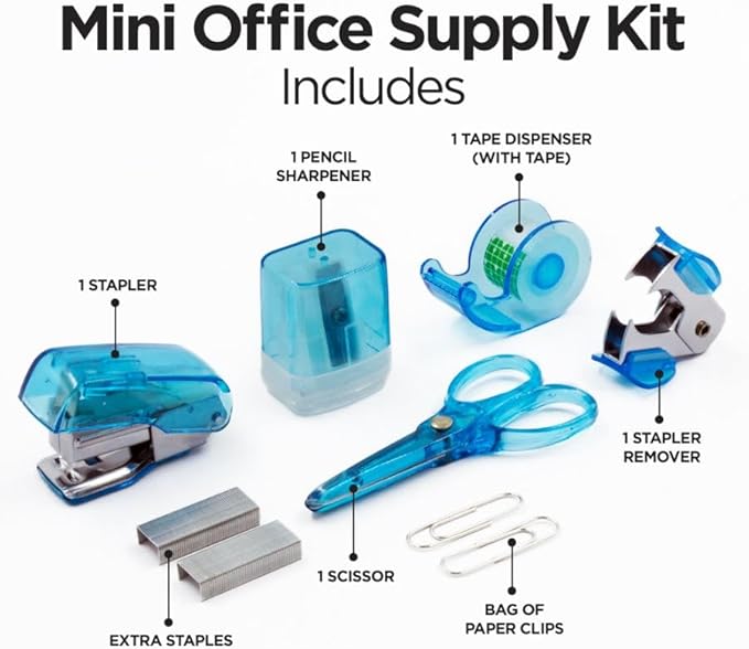 LD Products Blue Mini Office Supply Kit Portable Case with Scissors, Paper Clips, Tape Dispenser Set, Pencil Sharpener, Mini Stapler with Staples and Staple Remover