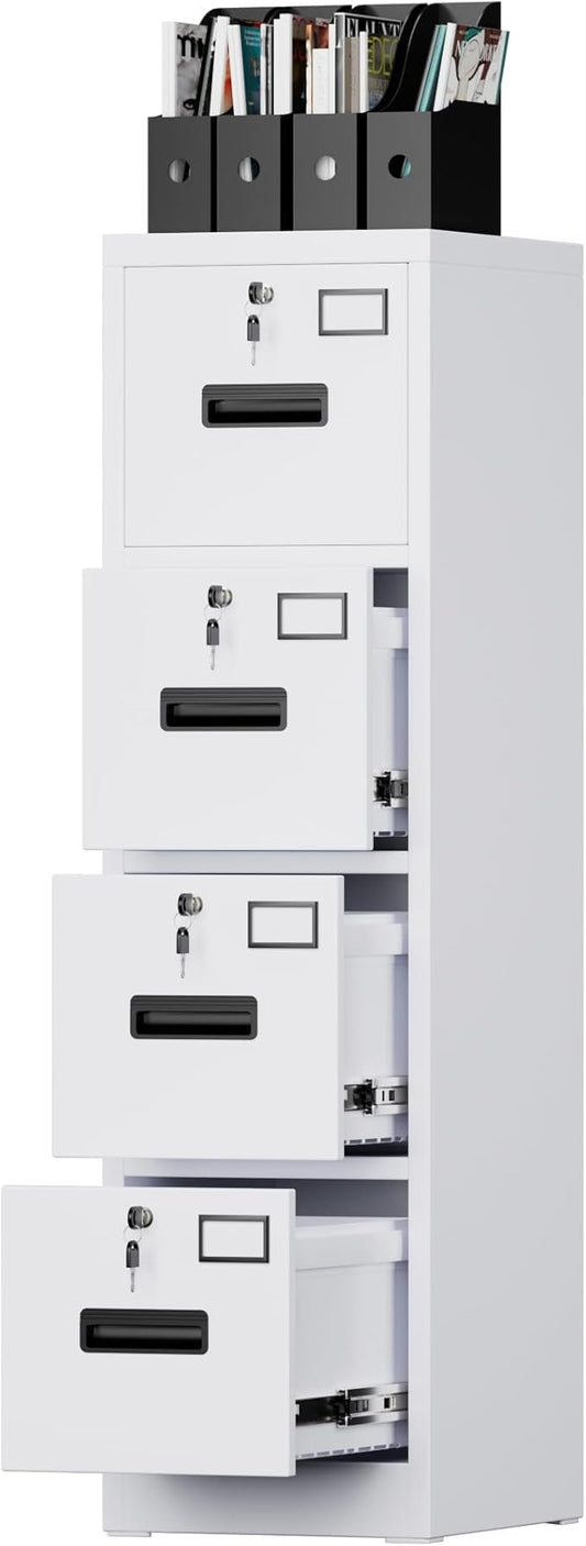 Aobabo 4 Drawer File Cabinet, Metal Filing Cabinet with Lock, Suitable for Home Office School Hanging Files Letter/Legal/A4 Size,White,Required-Assembly,17.72" D x 14.96" W x 55.2" H