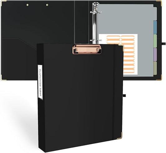 Ospelelf 3 Ring Binder, 1.5 Inch, Cute Letter Size (11" x 8.5") with 5 Tab Dividers, File Folder Labels and Low Profile Clipboards, Black Binder for School and Office Supplies