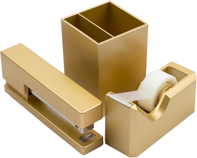 JAM PAPER Desk Trio Pack - Gold - Stapler, Tape Dispenser & Pen Holder - 3/Pack