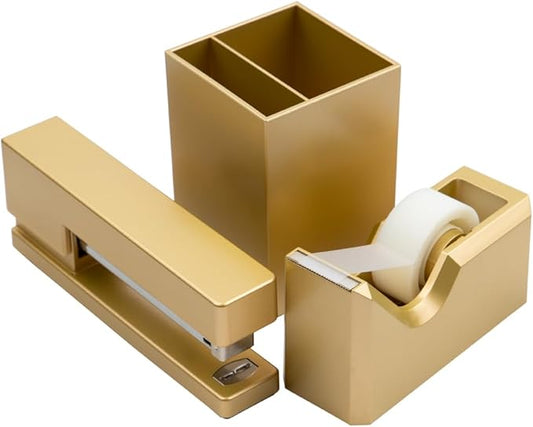JAM PAPER Desk Trio Pack - Gold - Stapler, Tape Dispenser & Pen Holder - 3/Pack