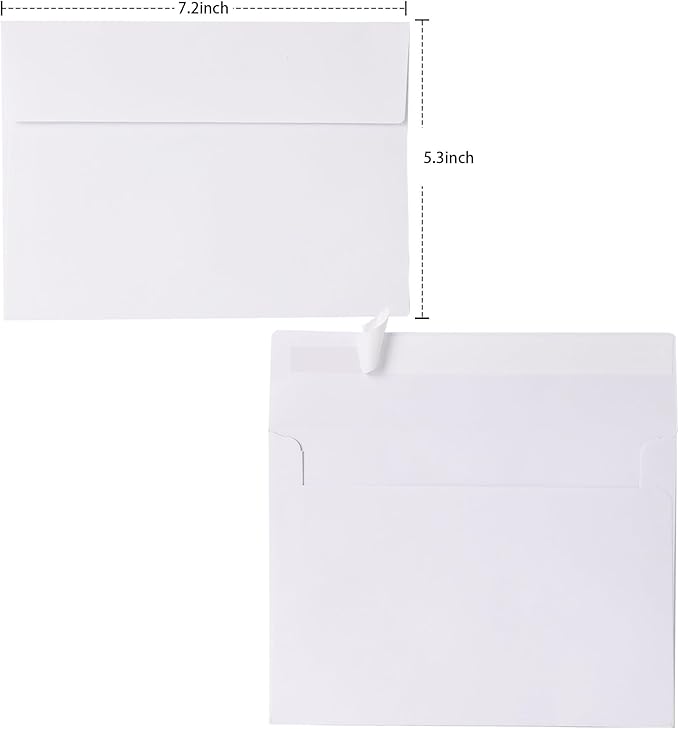 5x7 Envelopes 50 Pack, A7 White Envelopes for Invitations, 5 1/4” x 7 1/4” Large for Weddings, Invitations, Greeting Cards, Postcards, Photos, Mailing, Quick Self Seal.