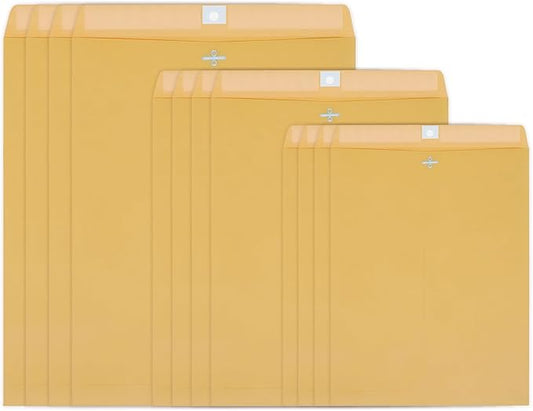 3 Sizes Clasp Envelopes Security Mailing Envelopes with Metal Clasps Kraft Paper Envelopes for Office, School, Home, Shipping Documents, Photos, Mailers (12 Packs)